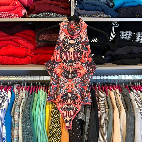 Free People Tops - Free People orange/blue/green mock neck sleeveless snap bottom bodysuit size M